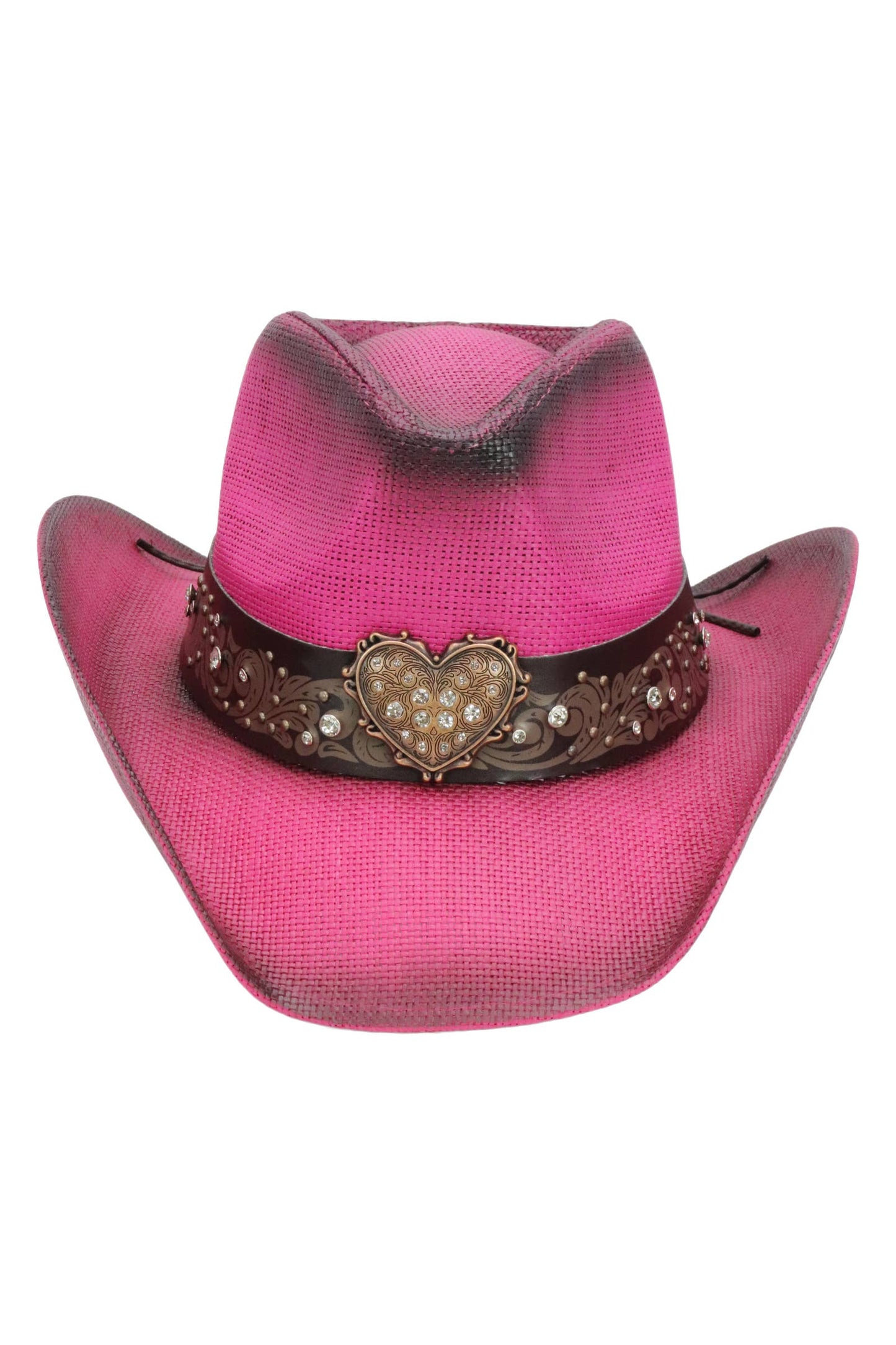 Heart Bling Rhinestone Belt Ombre Straw Cowboy Hat: Beige