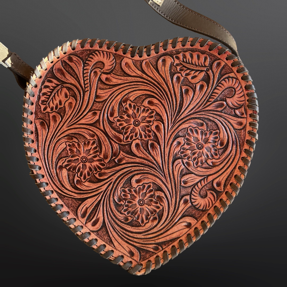 Heart Shape Tooled Leather Western Canteen Handbag