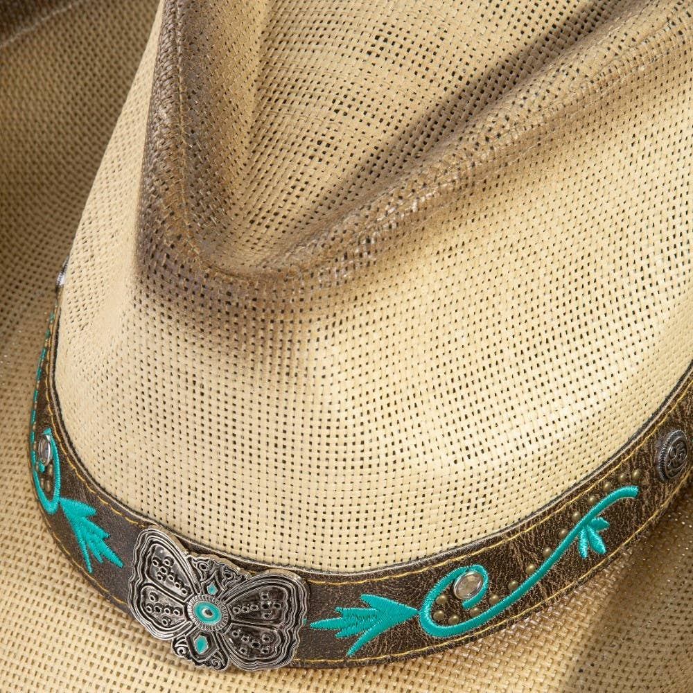 Western Butterfly Concho Detail Straw Cowboy Hat: BR
