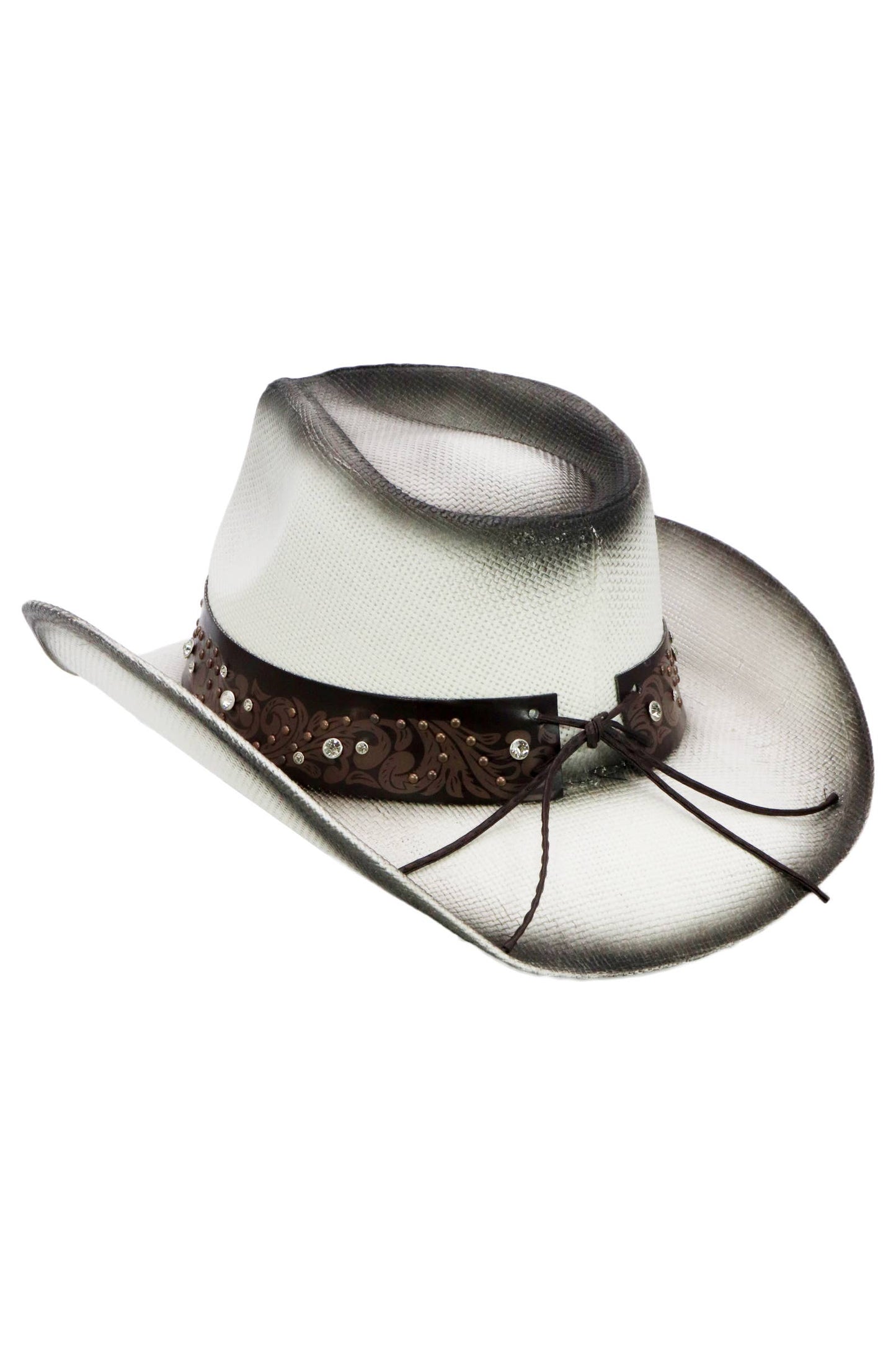 Heart Bling Rhinestone Belt Ombre Straw Cowboy Hat: Beige
