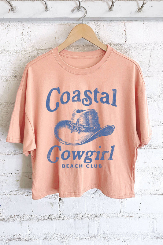COASTAL COWGIRL GRAPHIC LONG CROP TOP: PEACH