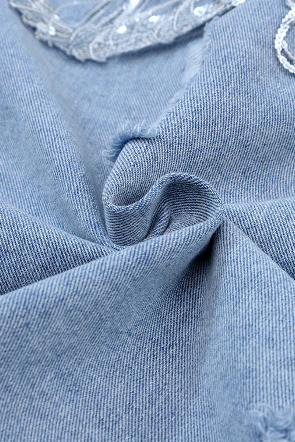 Sky Blue Sequin Embellished Fringe Distressed Denim Jacket: Sky Blue / 75%Cotton+12.7%Polyester+12.3%Viscose.