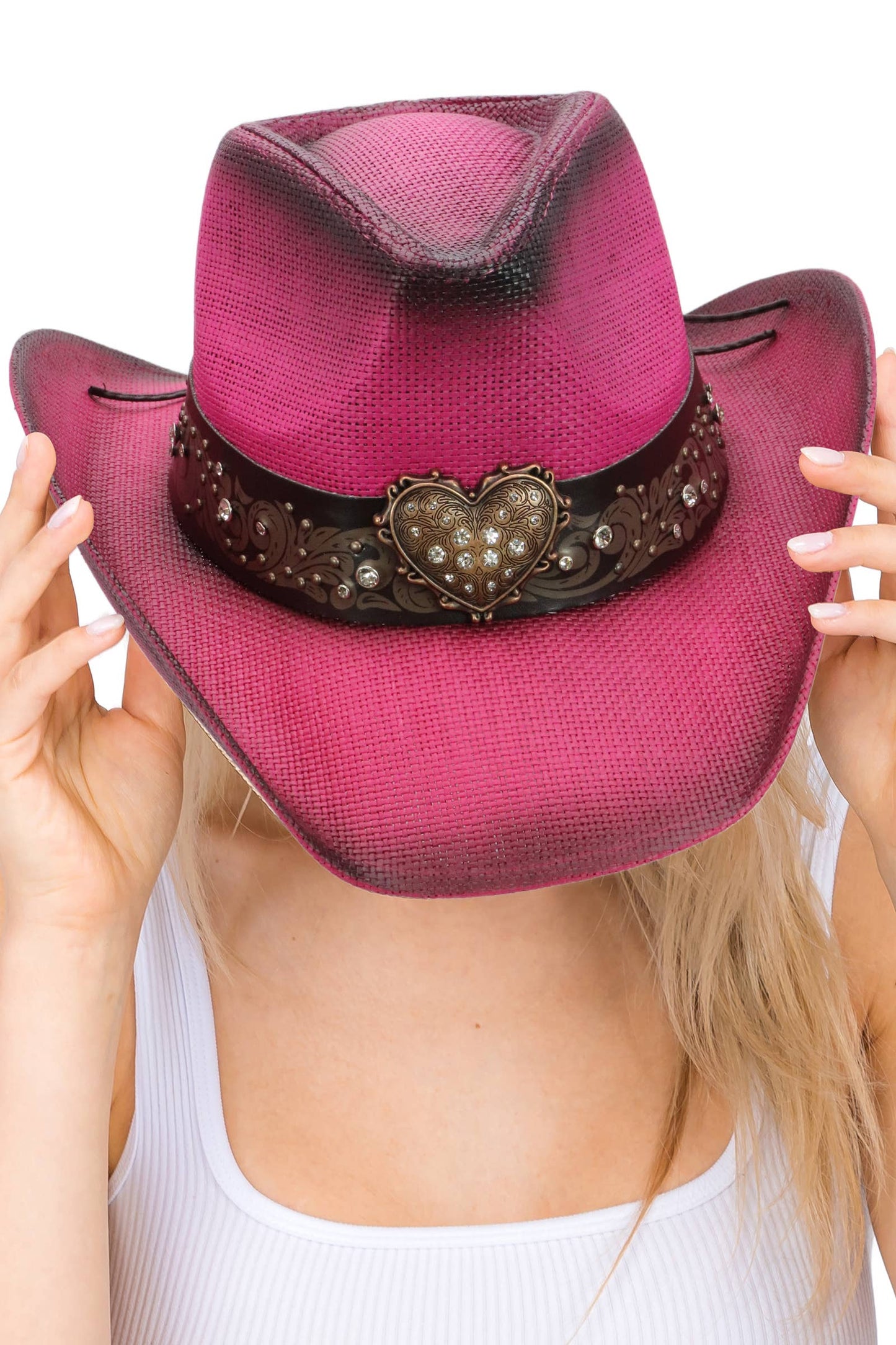 Heart Bling Rhinestone Belt Ombre Straw Cowboy Hat: Beige