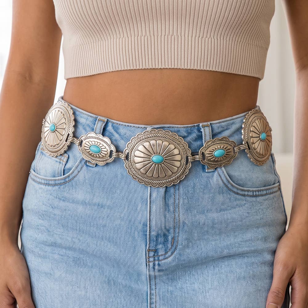 Sunburst Concho Chain Belt With Turquoise Stones: G