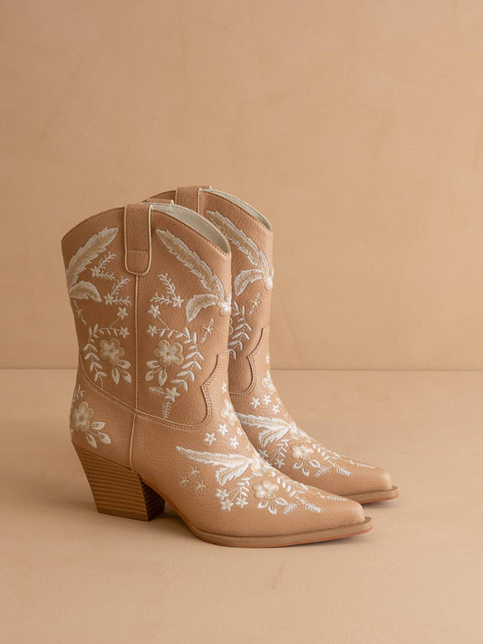 The Bailey | Apricot Embroidered Cowboy Bootie: APRICOT
