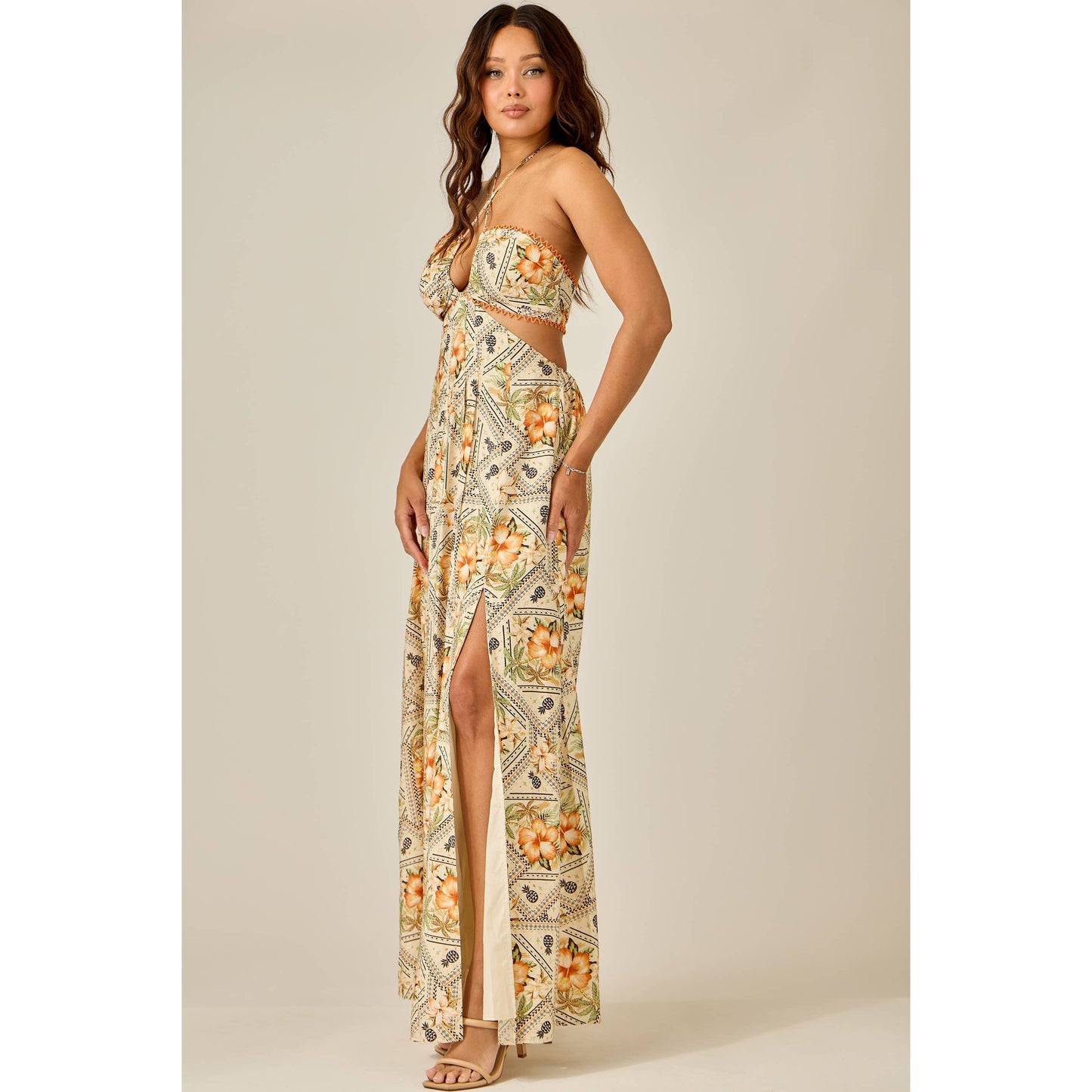 Tropical Cutout Maxi Dress: OFF WHITE COMBO / S