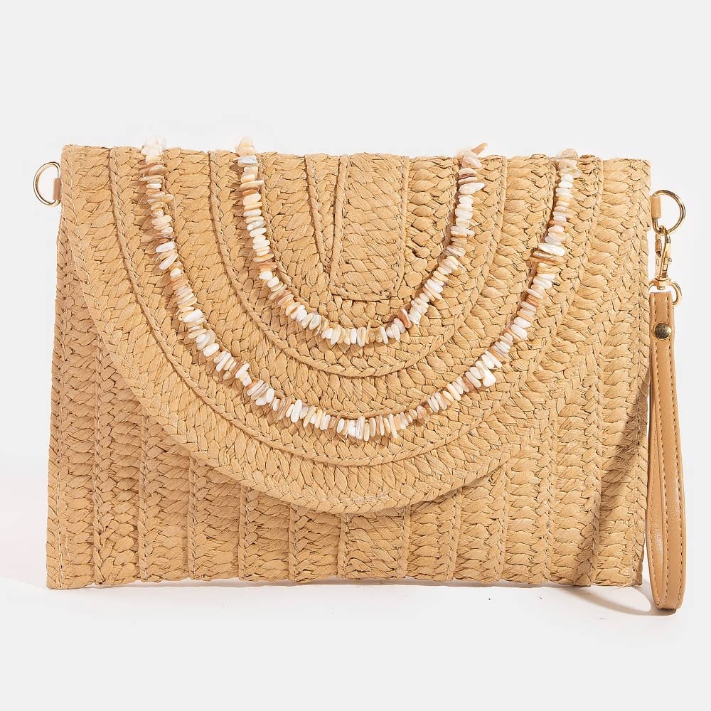 Shell Beaded Accent Paper Woven Envelope Clutch Bag: TA