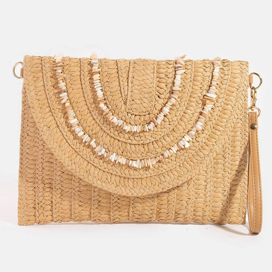 Shell Beaded Accent Paper Woven Envelope Clutch Bag: TA
