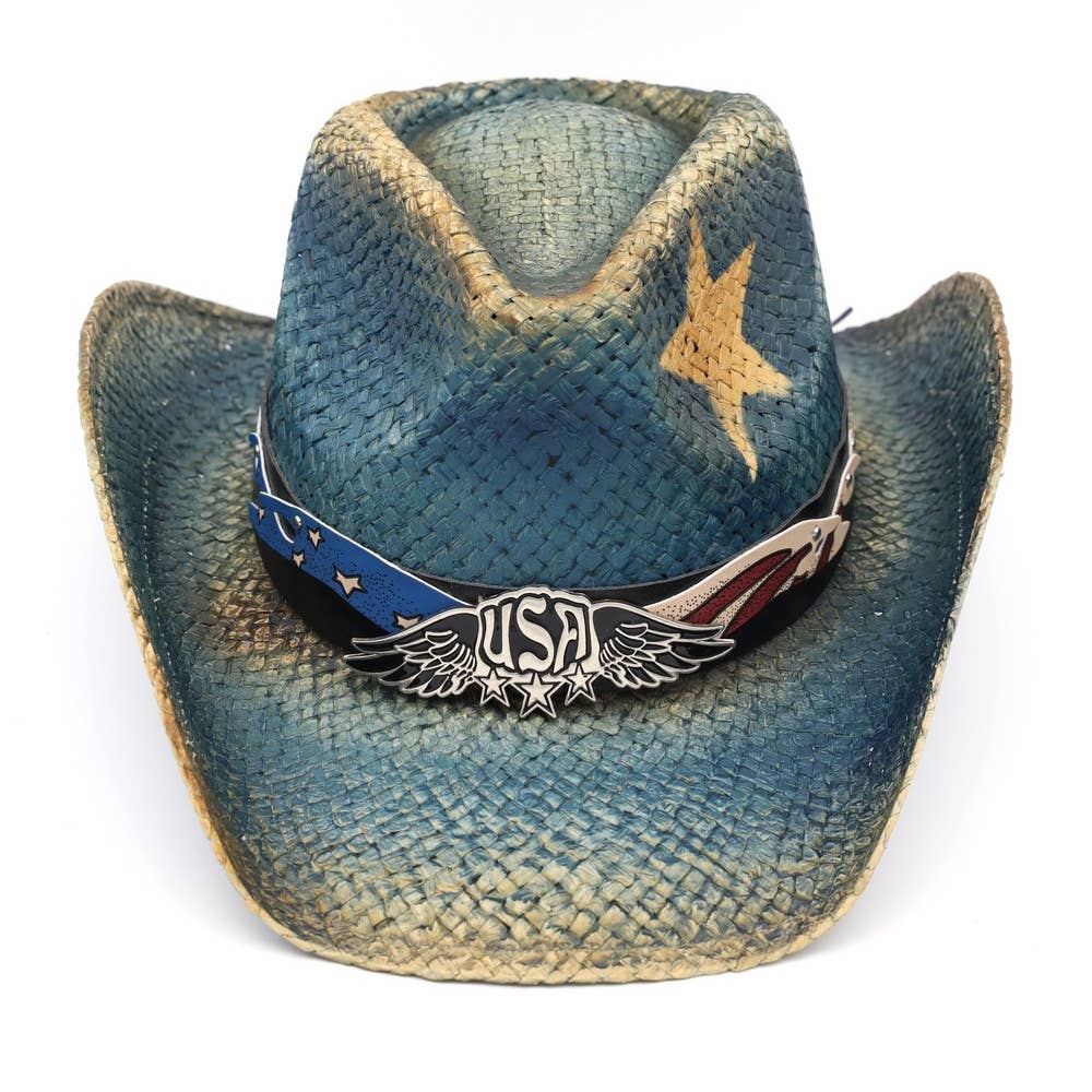 Yellow Star Western Usa Accent Cowboy Hat: BLUE