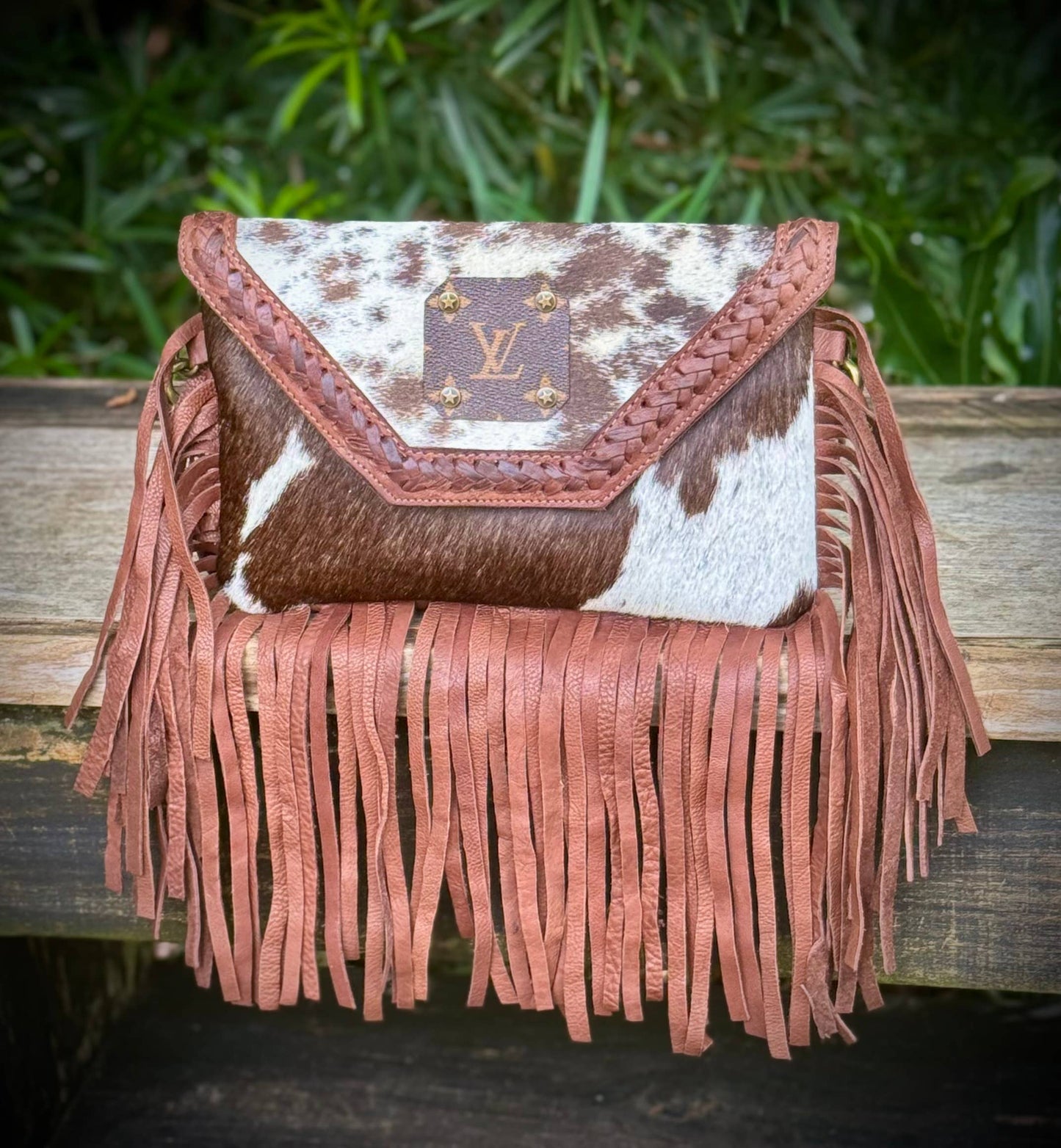 Upcycled LV Cowhide Leather Fringe Crossbody Western Rodeo