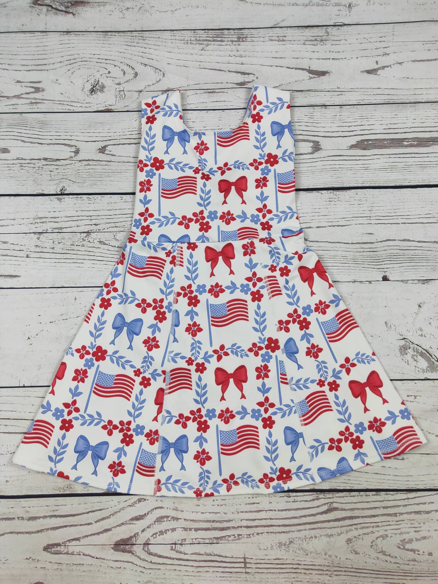 Flower Bow Print Girls Patriotic Athletic Dresses