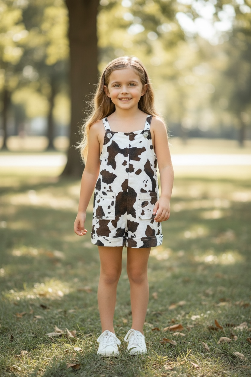 Cow printed girls denim overalls