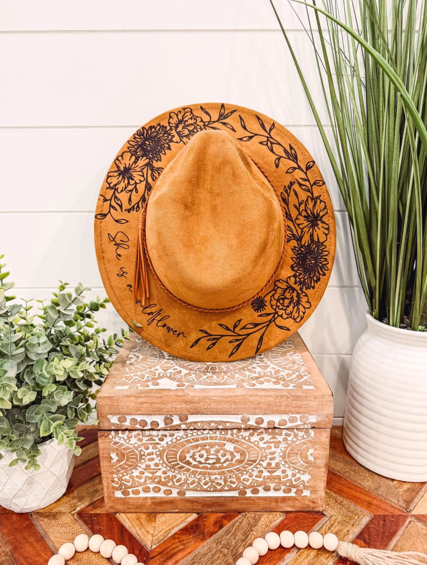 Youth Floral Burned Hat: Camel