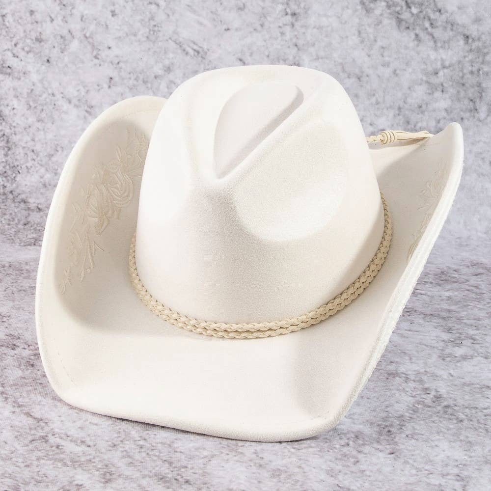 Rose Embroidered Braided Band Fedora Cowboy Hat: BR