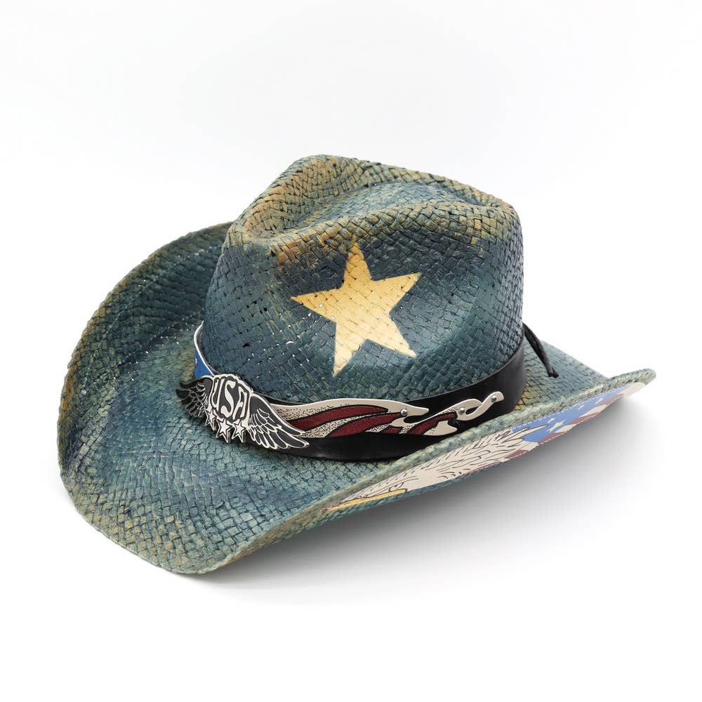 Yellow Star Western Usa Accent Cowboy Hat: BLUE