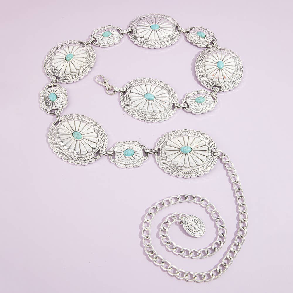 Sunburst Concho Chain Belt With Turquoise Stones: G