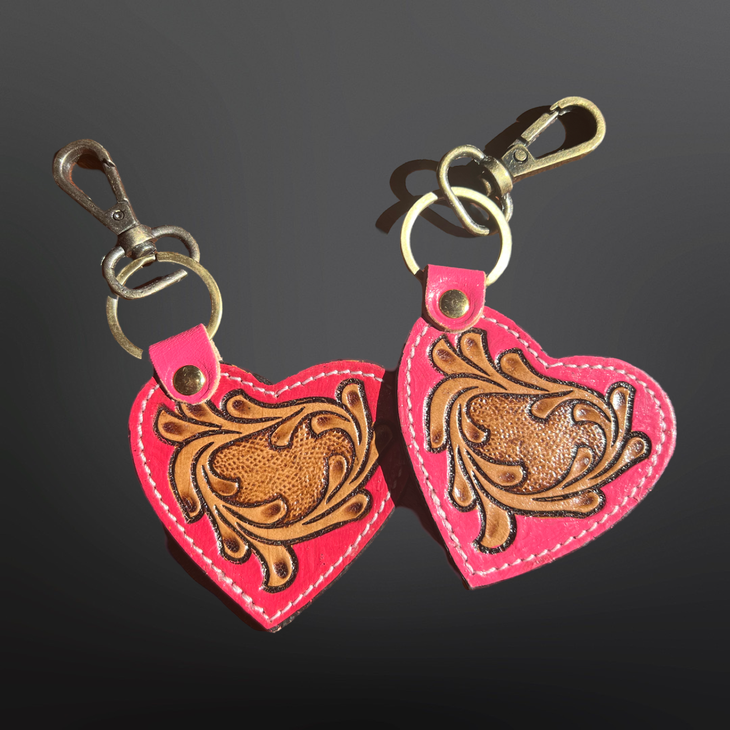 Tooled Leather Pink Heart Western Keychain