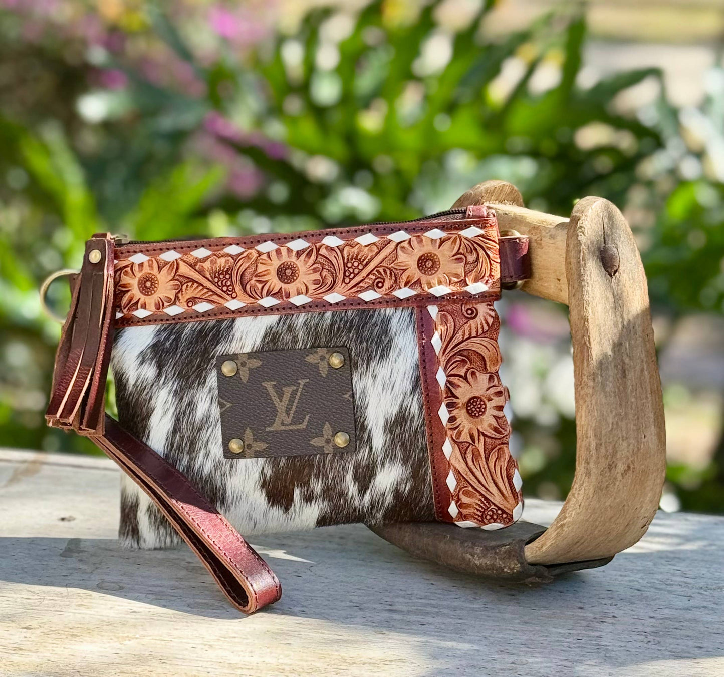 Upcycled LV Cowhide Leather Wristlet Crossbody Bag Western 