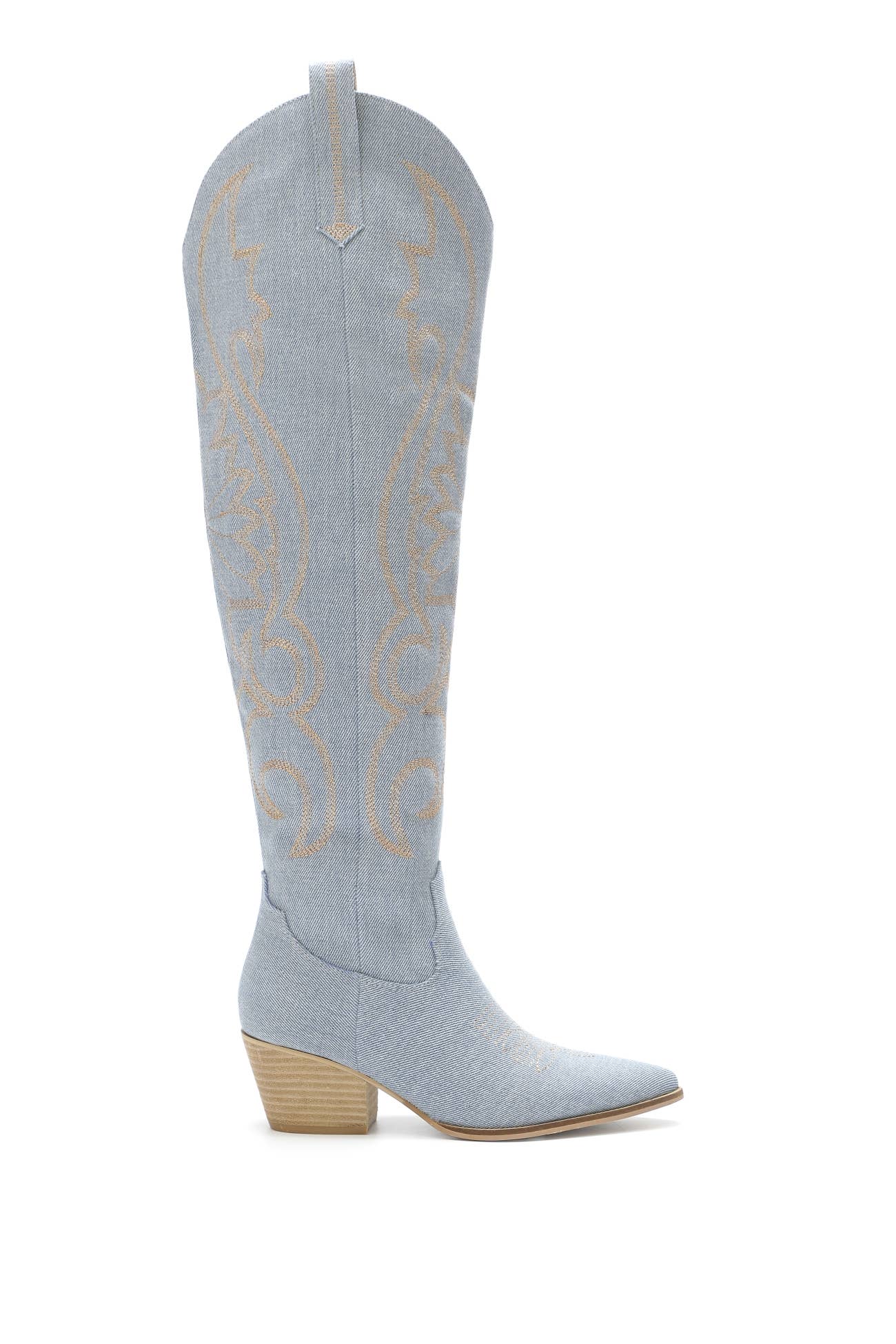 VERONICA CHIC EMBROIDERED LONG DENIM WESTERN BOOTS: DENIM / B12