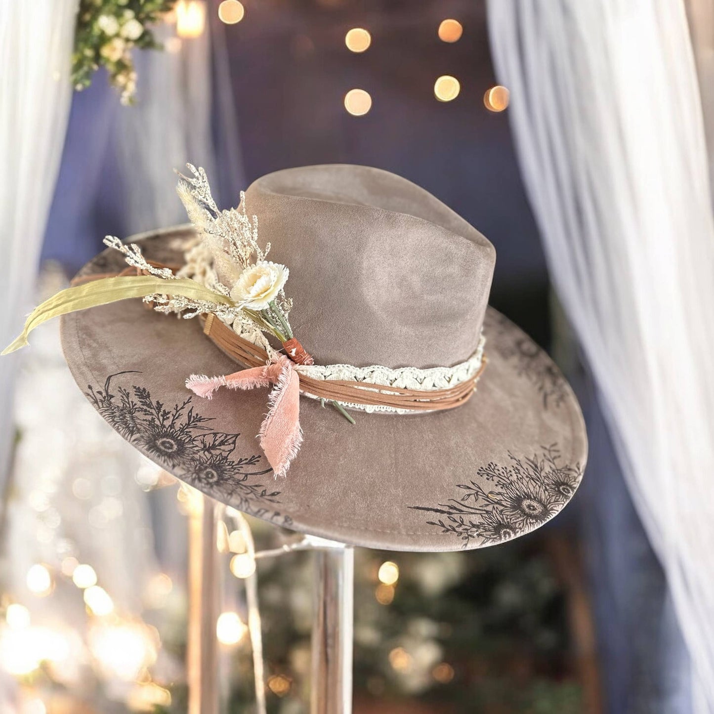 Suede Rancher Hat, Cowboy Hat | Sunflower Floral Brim: Beige