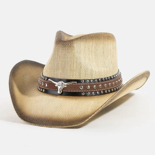 Western Long Horn Studded Strap Straw Cowboy Hat: KA