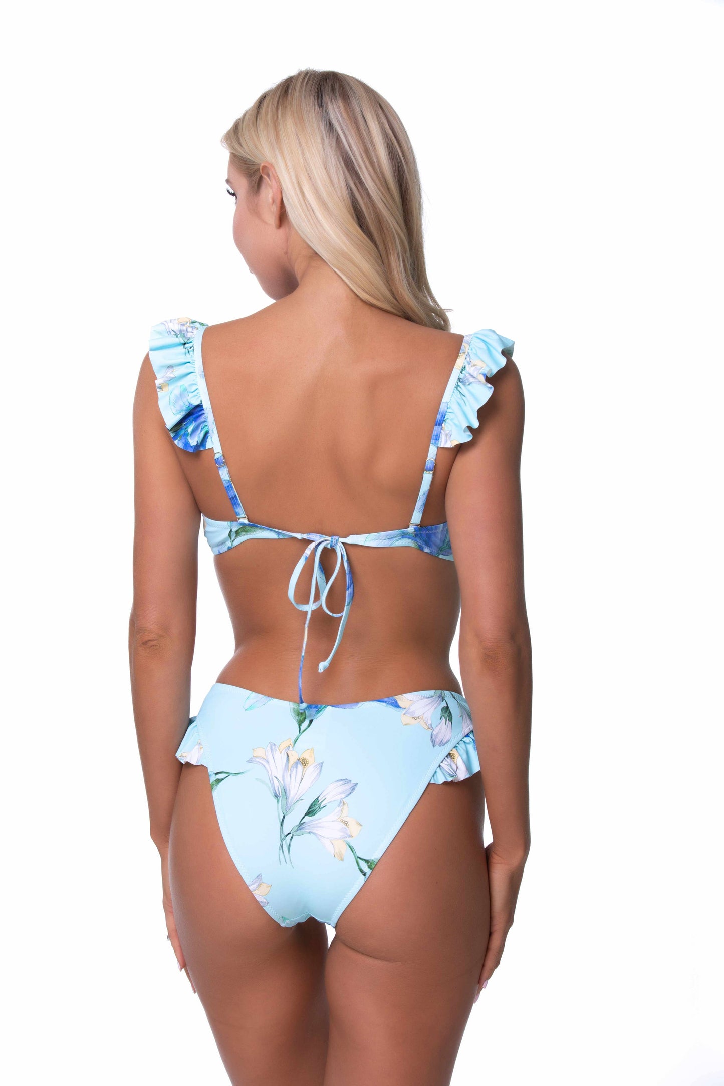 421606-BLUE FLORAL RUFFLE STRAP BIKINI SET