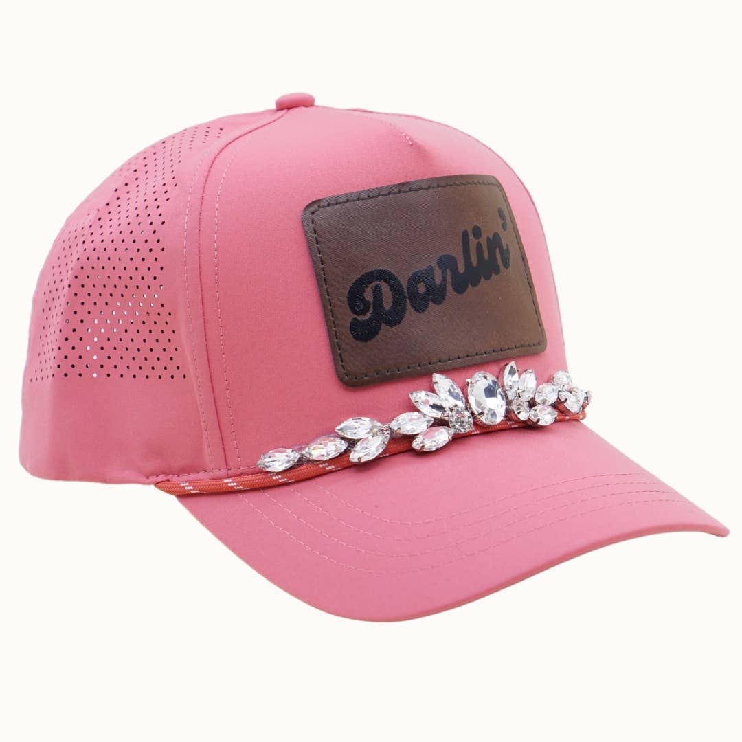 DARLIN' Bejeweled Glitz Athletic Trucker Cap + Leatherette: Rose