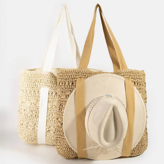 Large Straw Braided Tote Bag With Hat Holder: KA