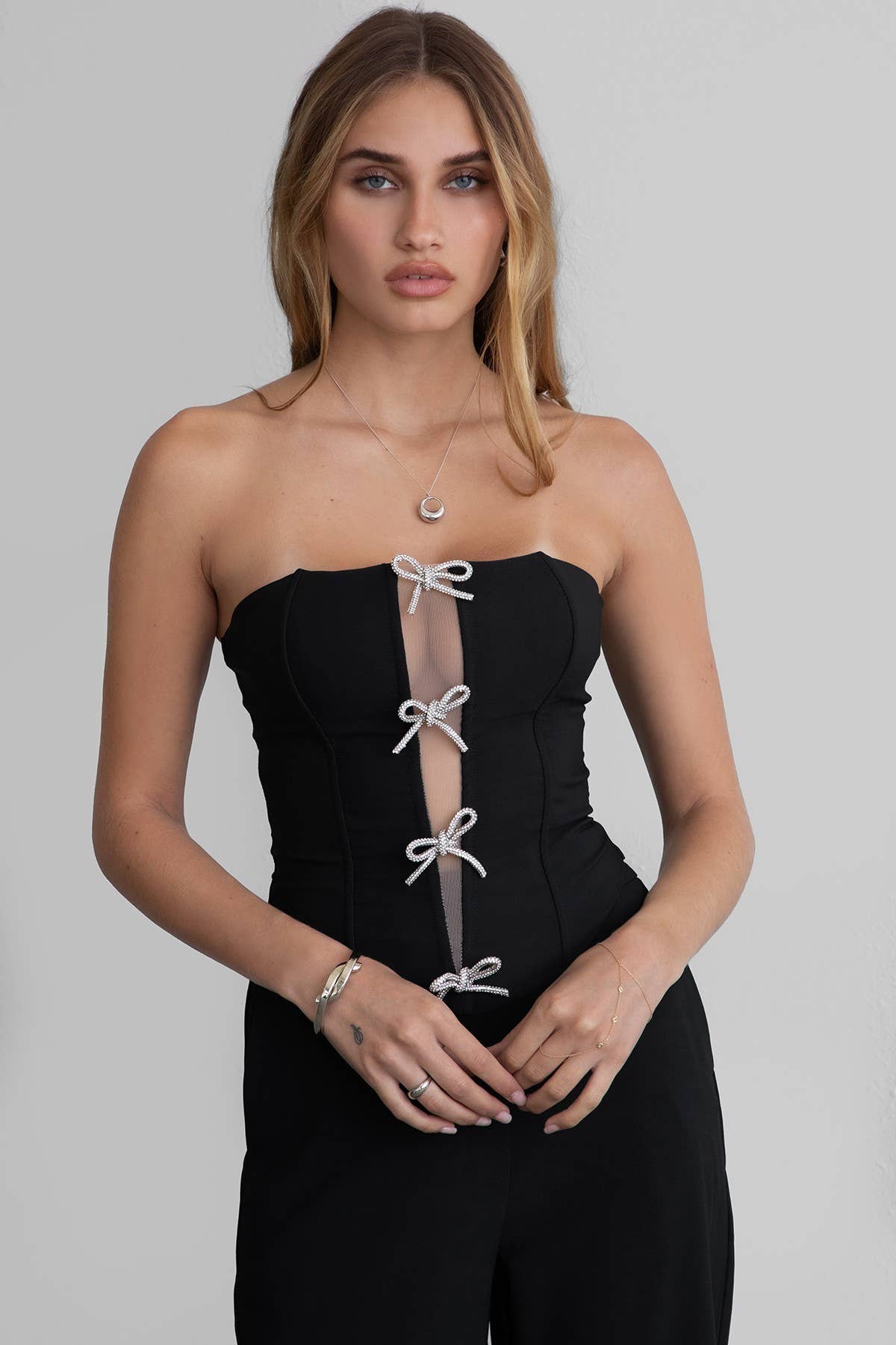 KARMEN Strapless Semi Sheer Bow Embellised Bustier Top: White