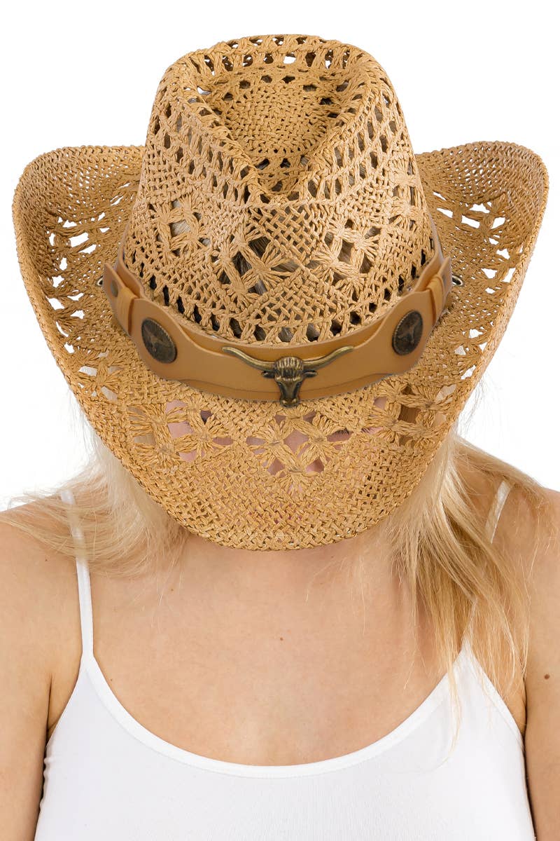 Longhorn Monochrome Belt Crochet Woven Cowboy Hat: Hot Pink