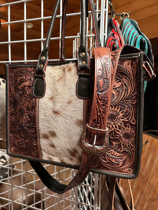 Sunflower Western Tooled Leather Cowhide Purse Tote Bag: Brown Sunflowers