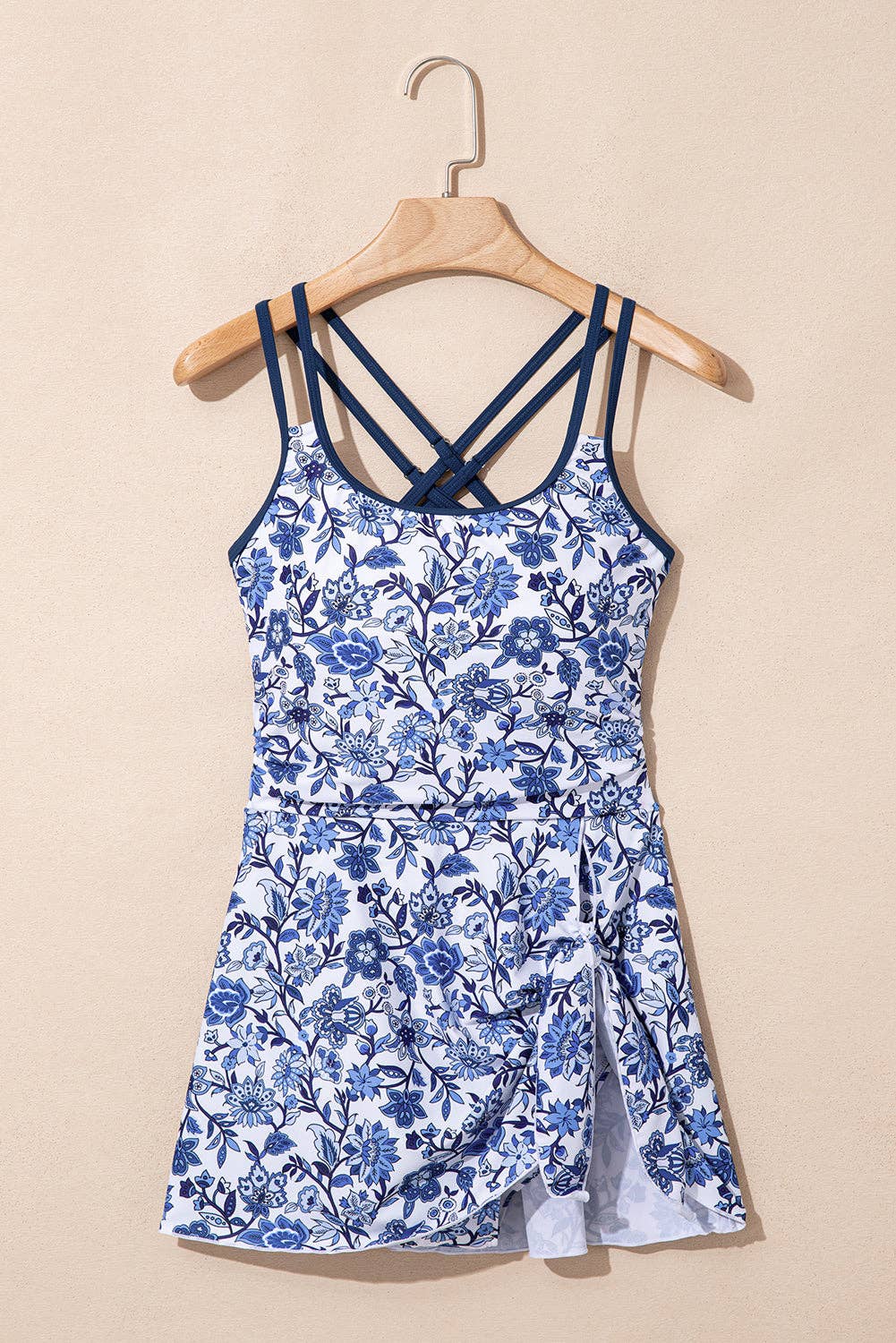 Sky Blue Crossed Back Floral Print swim dress