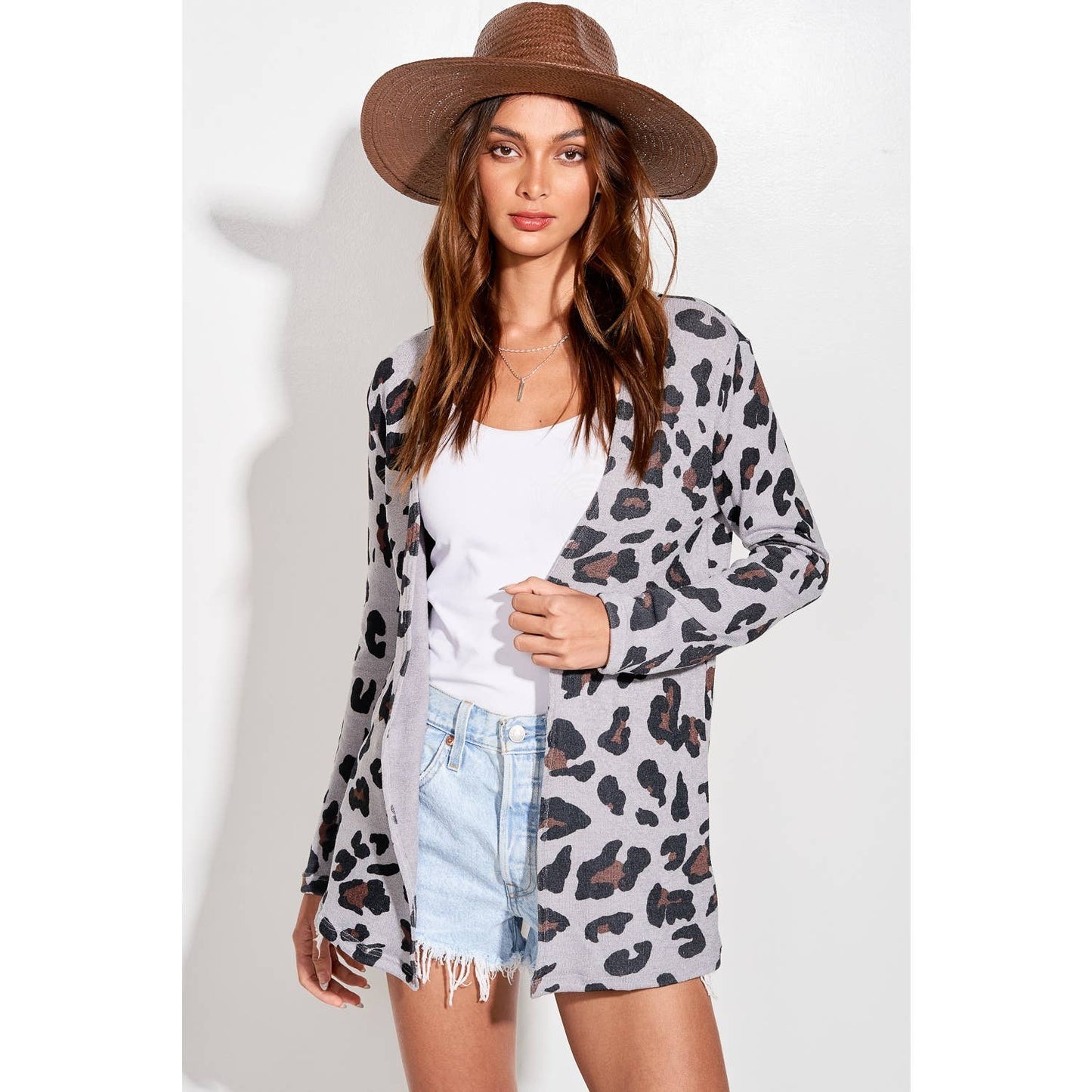 Leopard print knit long sleeve cardigan