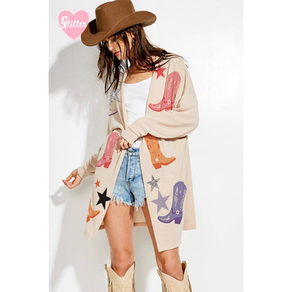 Cowgirl boots Glitter print Knit casual Cardigan