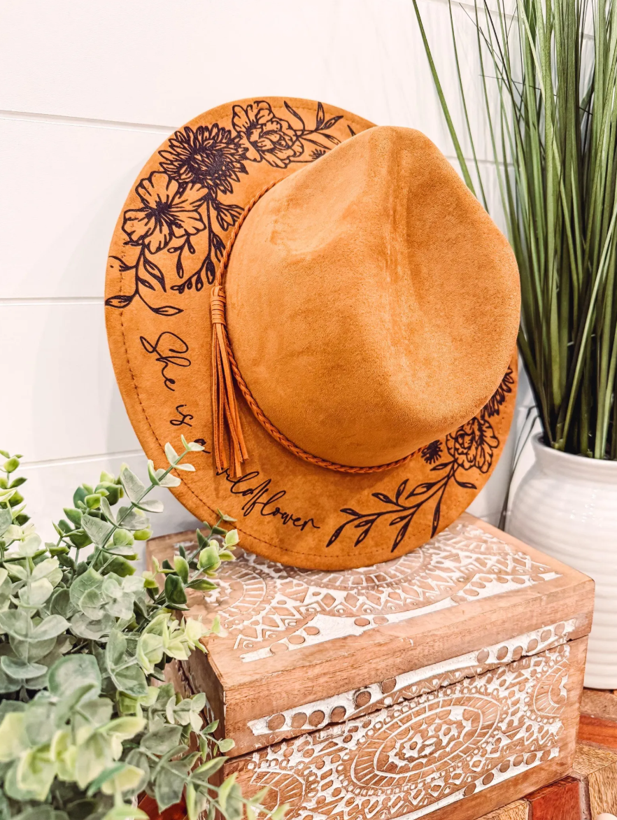 Youth Floral Burned Hat: Camel