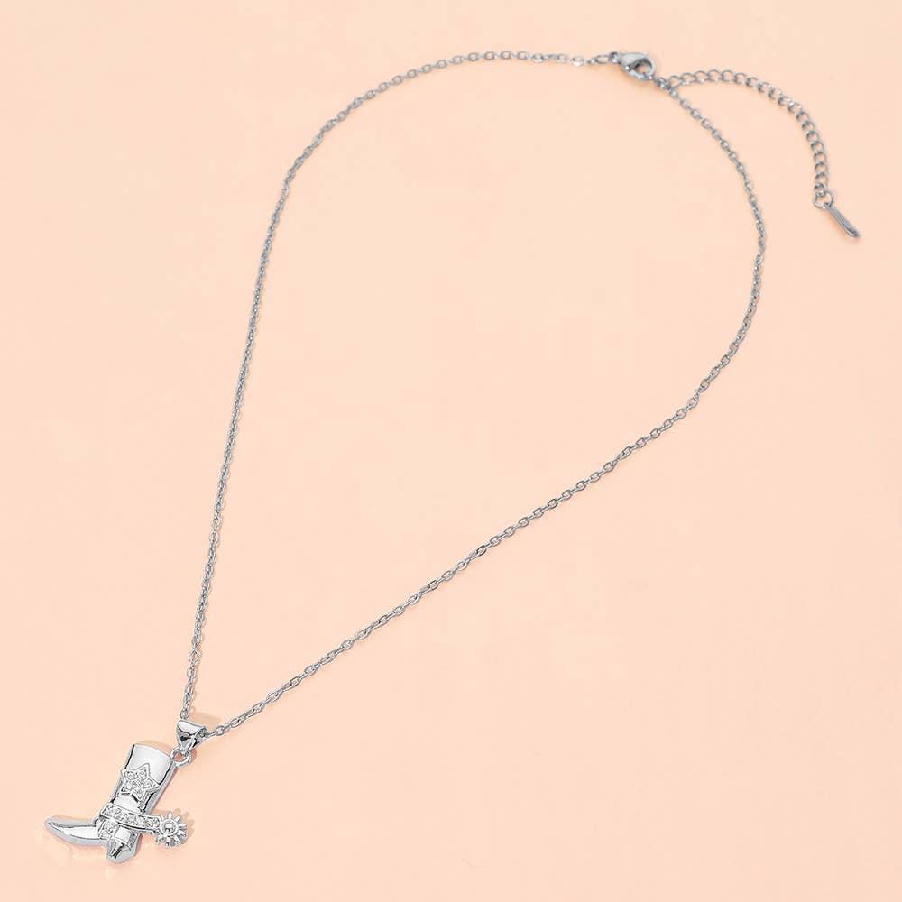 Stainless Steel CZ Stone Paved Star Accent Cowboy Boot Charm Pendant Necklace: Gold