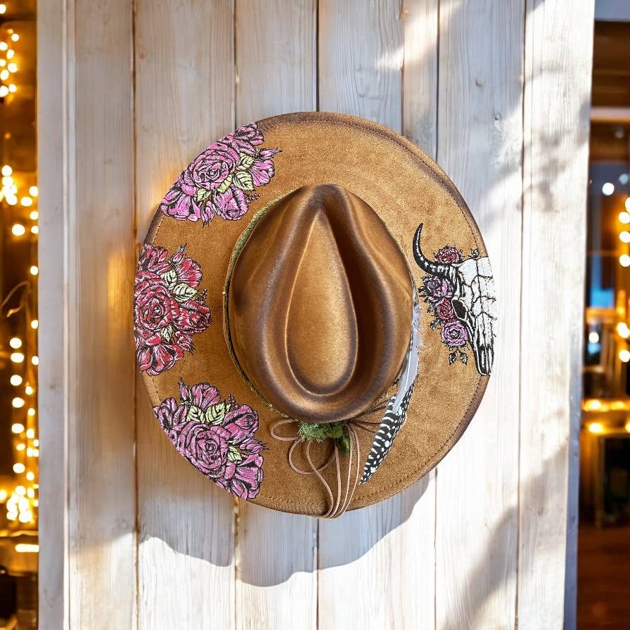 Western Hat Hand painted Bull Skull & Florals