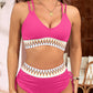 Ribbed Knit Tribal Contrast Detail 2pcs High Waist Swimsuit: Bright Pink