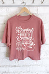 COWBOY BOOTS COUNTRY MUSIC GRAPHIC LONG CROP TOP : MAUVE