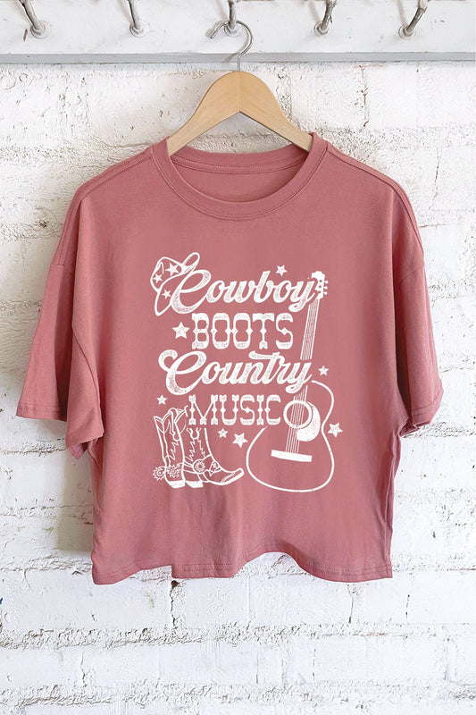 COWBOY BOOTS COUNTRY MUSIC GRAPHIC LONG CROP TOP : MAUVE