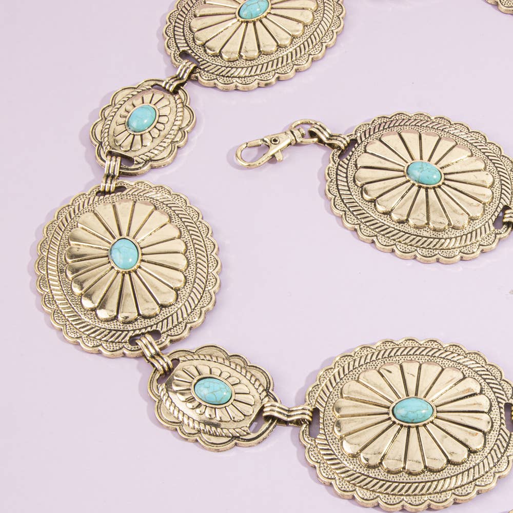 Sunburst Concho Chain Belt With Turquoise Stones: G