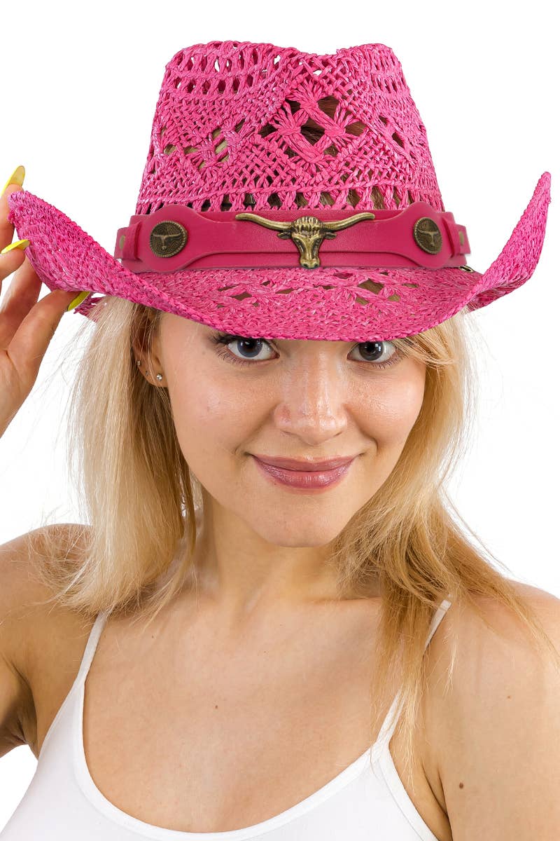 Longhorn Monochrome Belt Crochet Woven Cowboy Hat: Hot Pink
