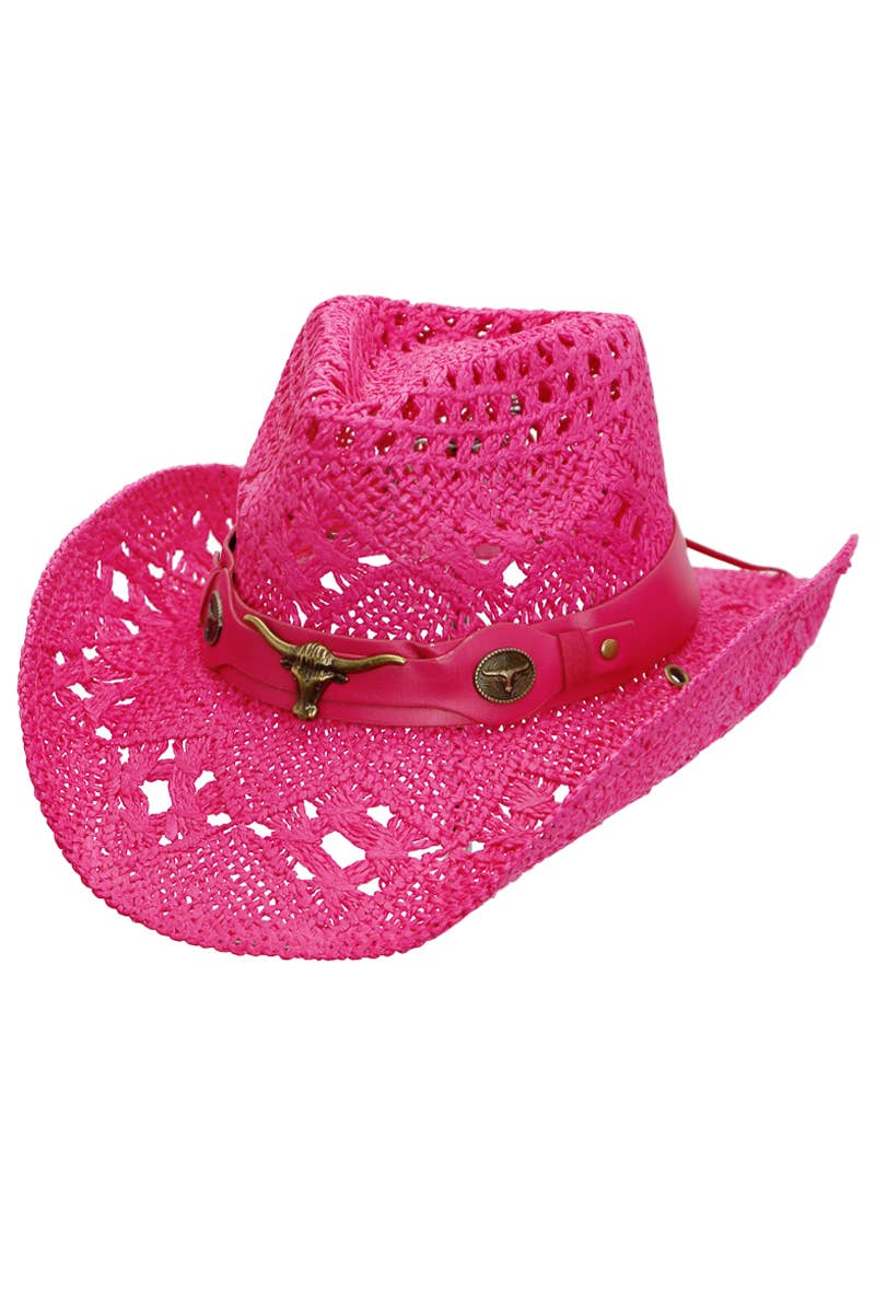 Longhorn Monochrome Belt Crochet Woven Cowboy Hat: Hot Pink
