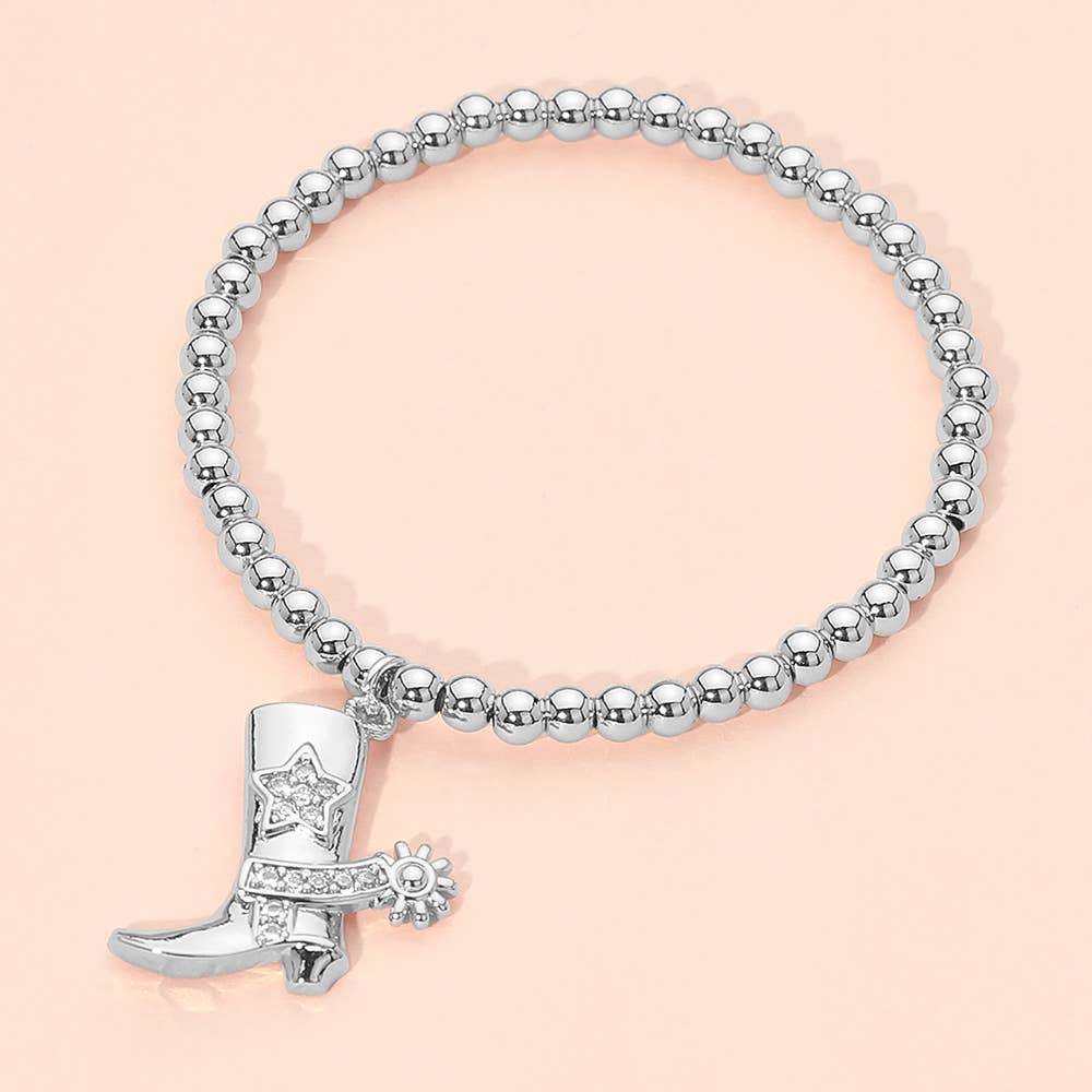 Stainless Steel Cowboy Boot Charm Beaded Stretch Bracelet