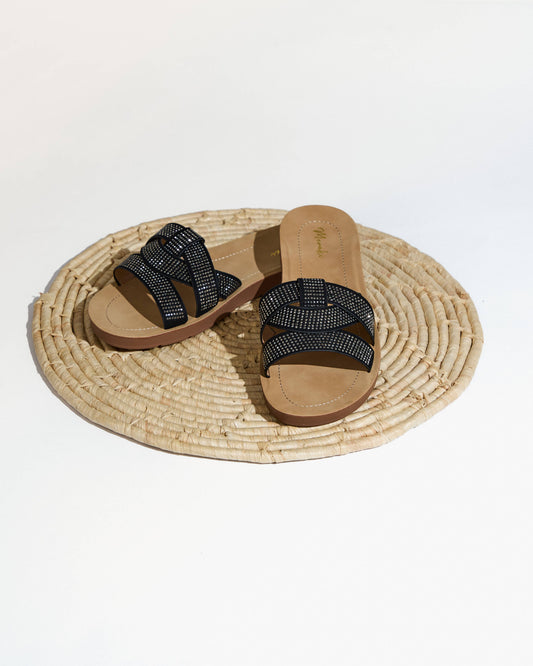 Cindy Rhinestone Crisscross Strap Slide Sandal
