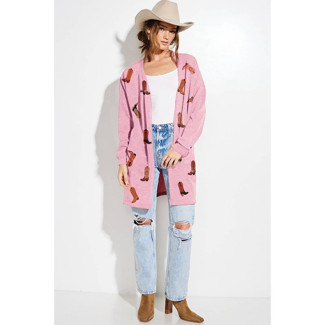Cowgirl boots print Knit casual style Cardigan