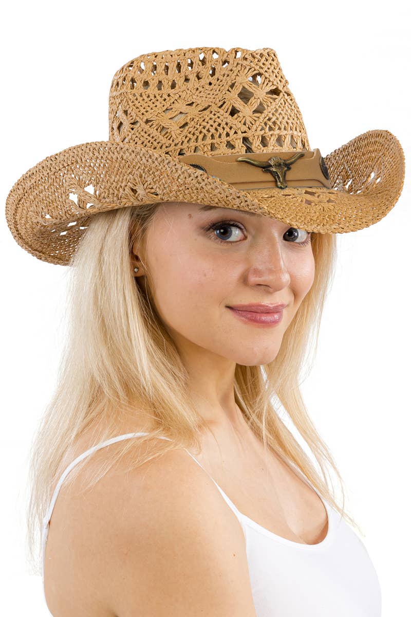 Longhorn Monochrome Belt Crochet Woven Cowboy Hat: Hot Pink