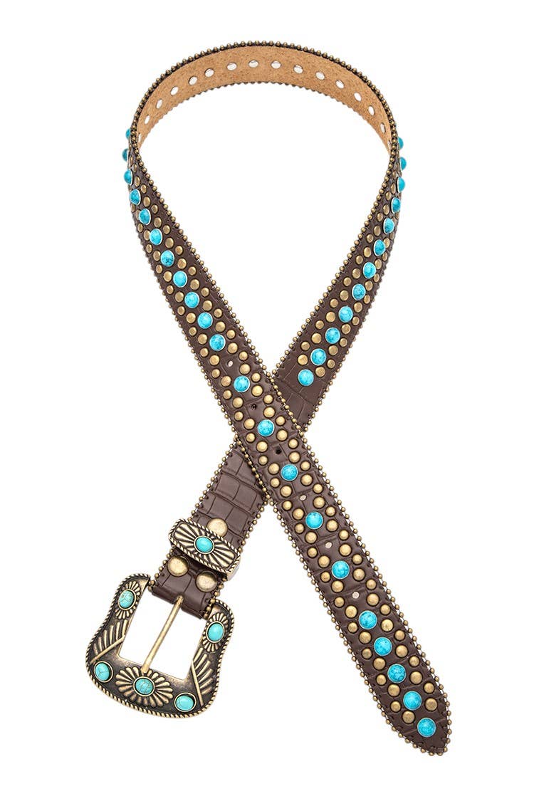 Turquoise Pave Western Belt: Brown