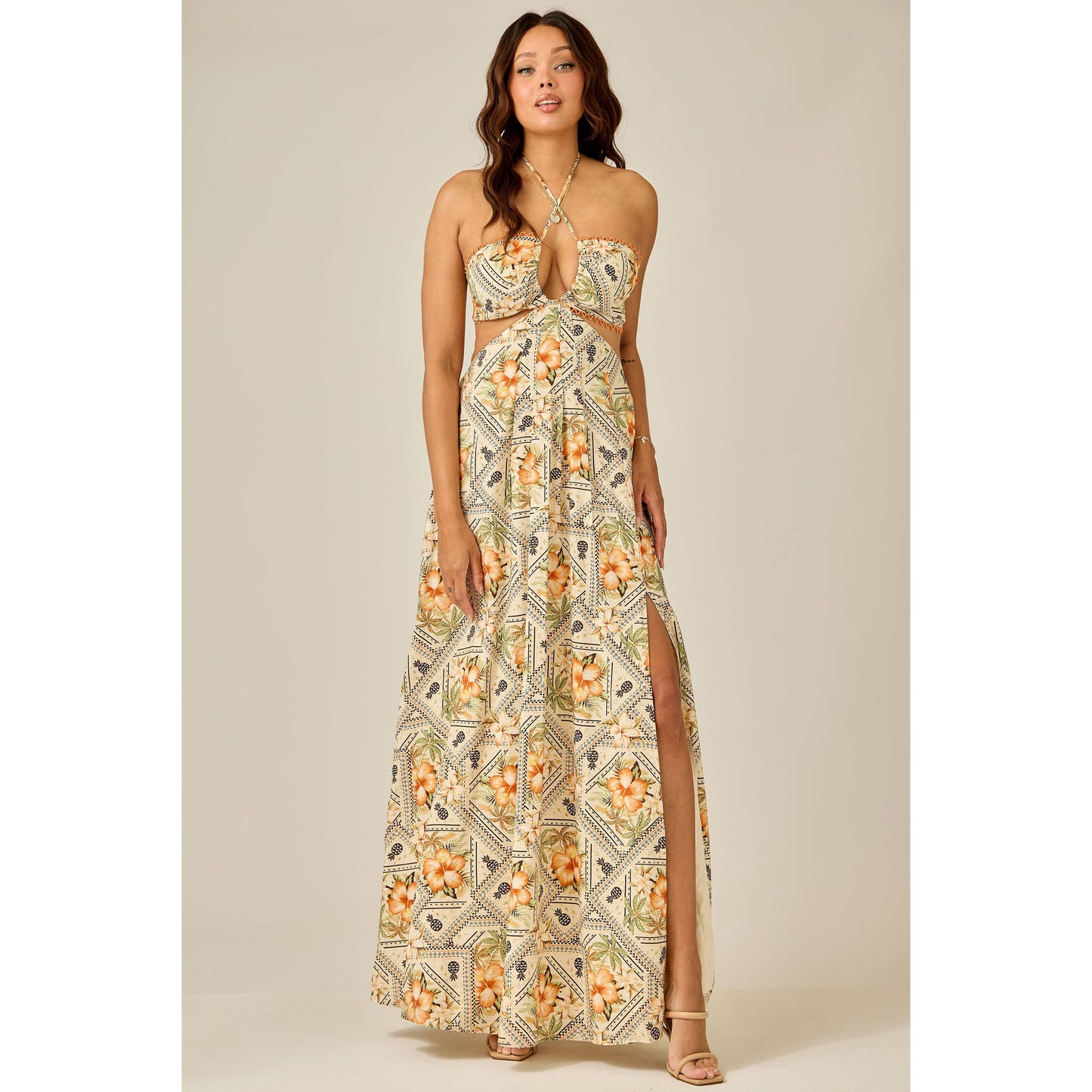 Tropical Cutout Maxi Dress: OFF WHITE COMBO / S