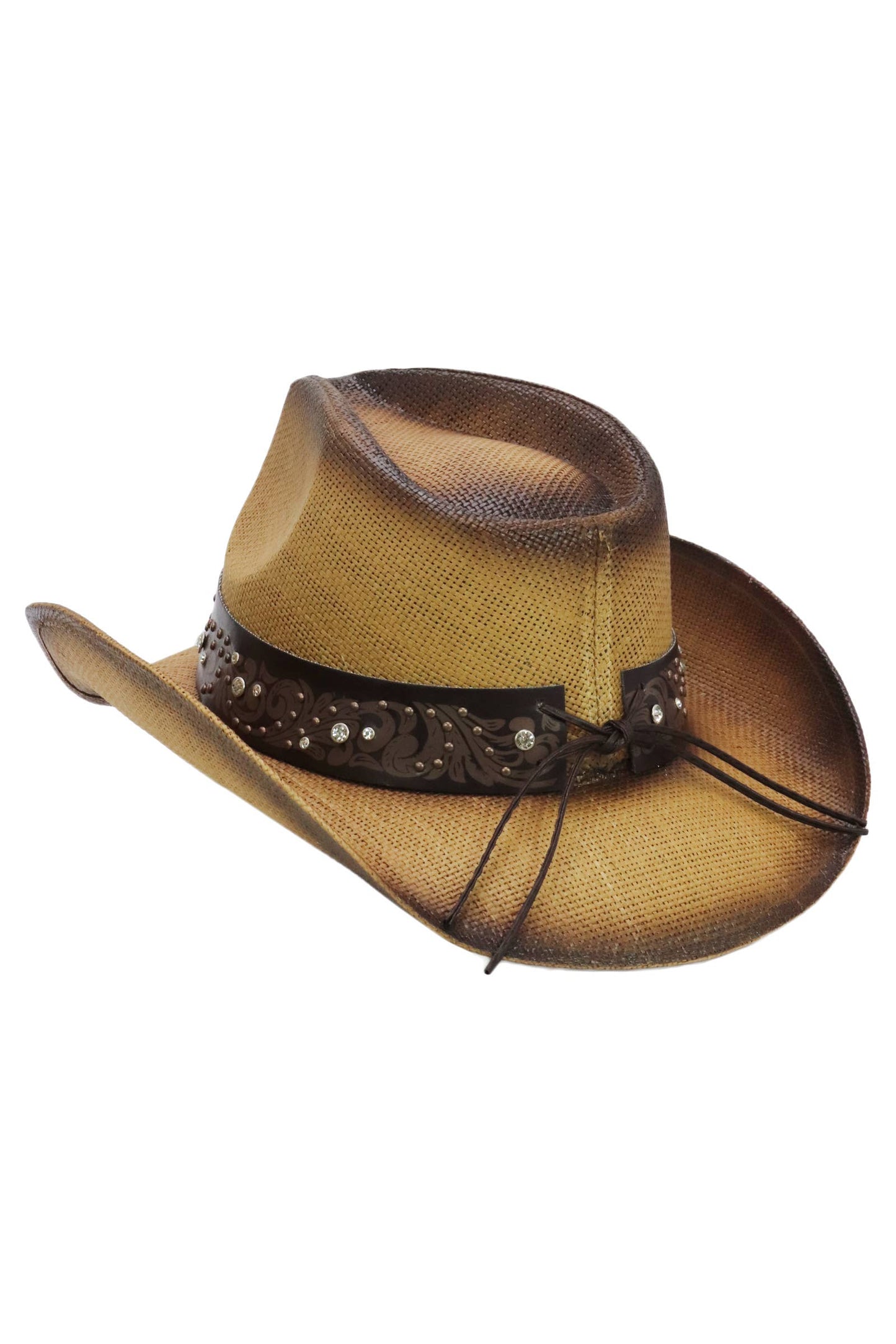 Heart Bling Rhinestone Belt Ombre Straw Cowboy Hat: Beige